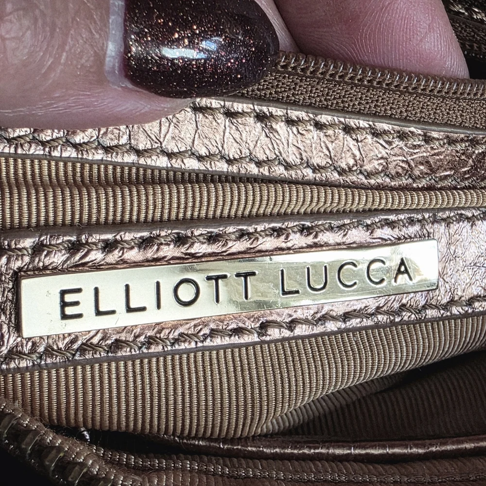 Elliott Lucca Woven Wristlet Clutch Pink Rose Gold Metallic Leather Bag